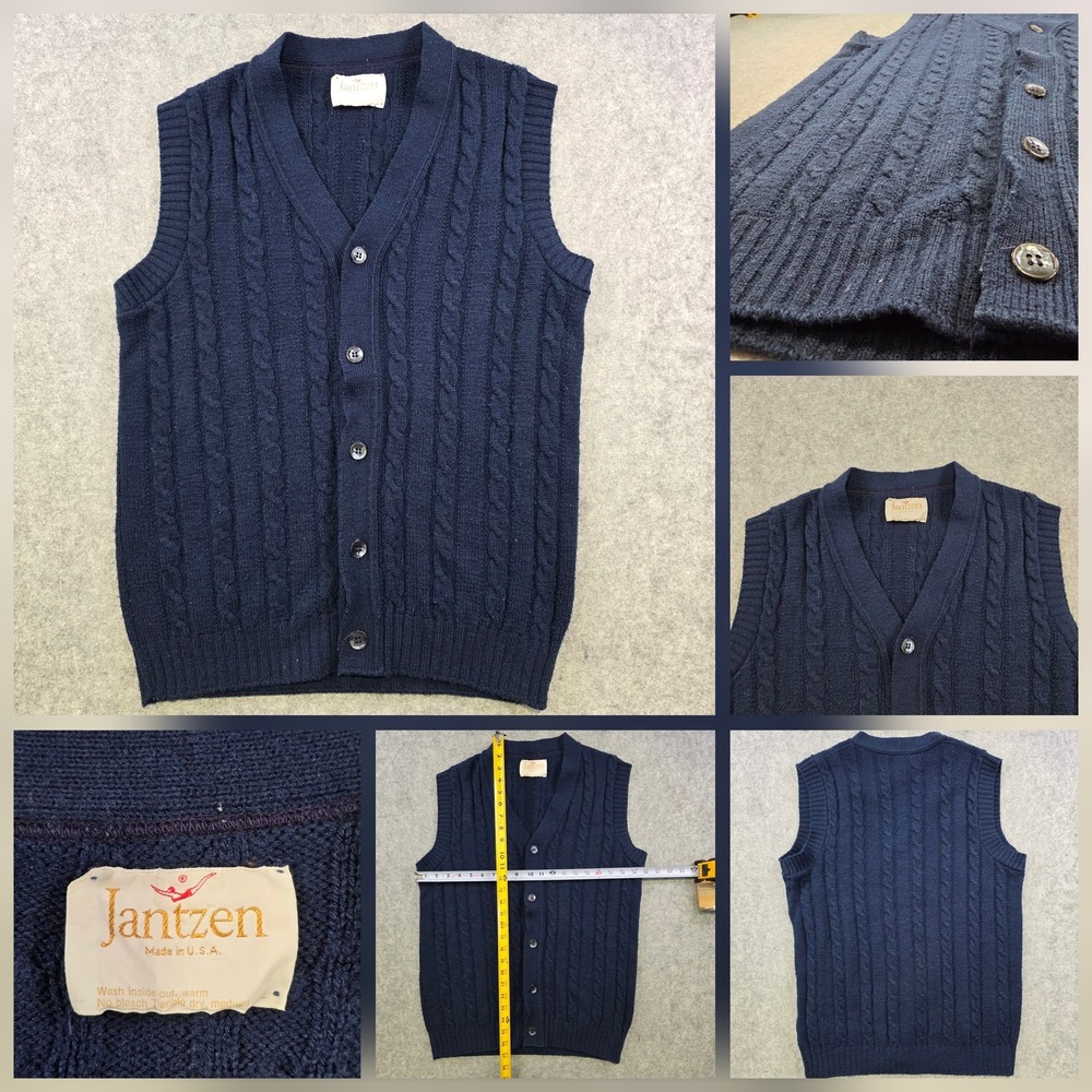 Vintage Jantzen Sweater Vest Mens Large Navy Cable Knit Button Front Made In USA